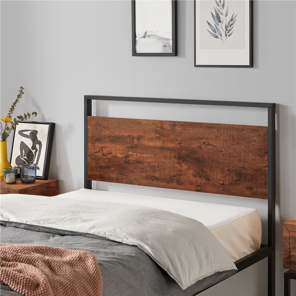 Topeakmart Rustic Metal Bed Frame Slatted Bed Base with Wooden Headboard and Footboard, Twin
