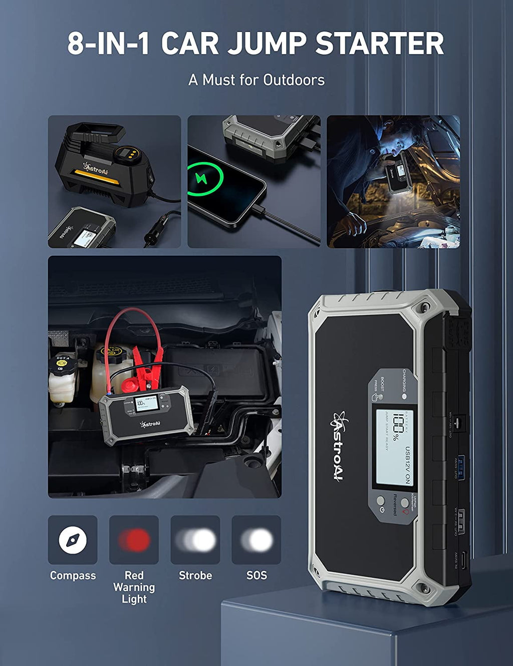 Jump Starter, Car Portable Battery Lithium Jump Starter, Power Bank with Jumper Cable, Powerful 2000A 12V, for Gift
