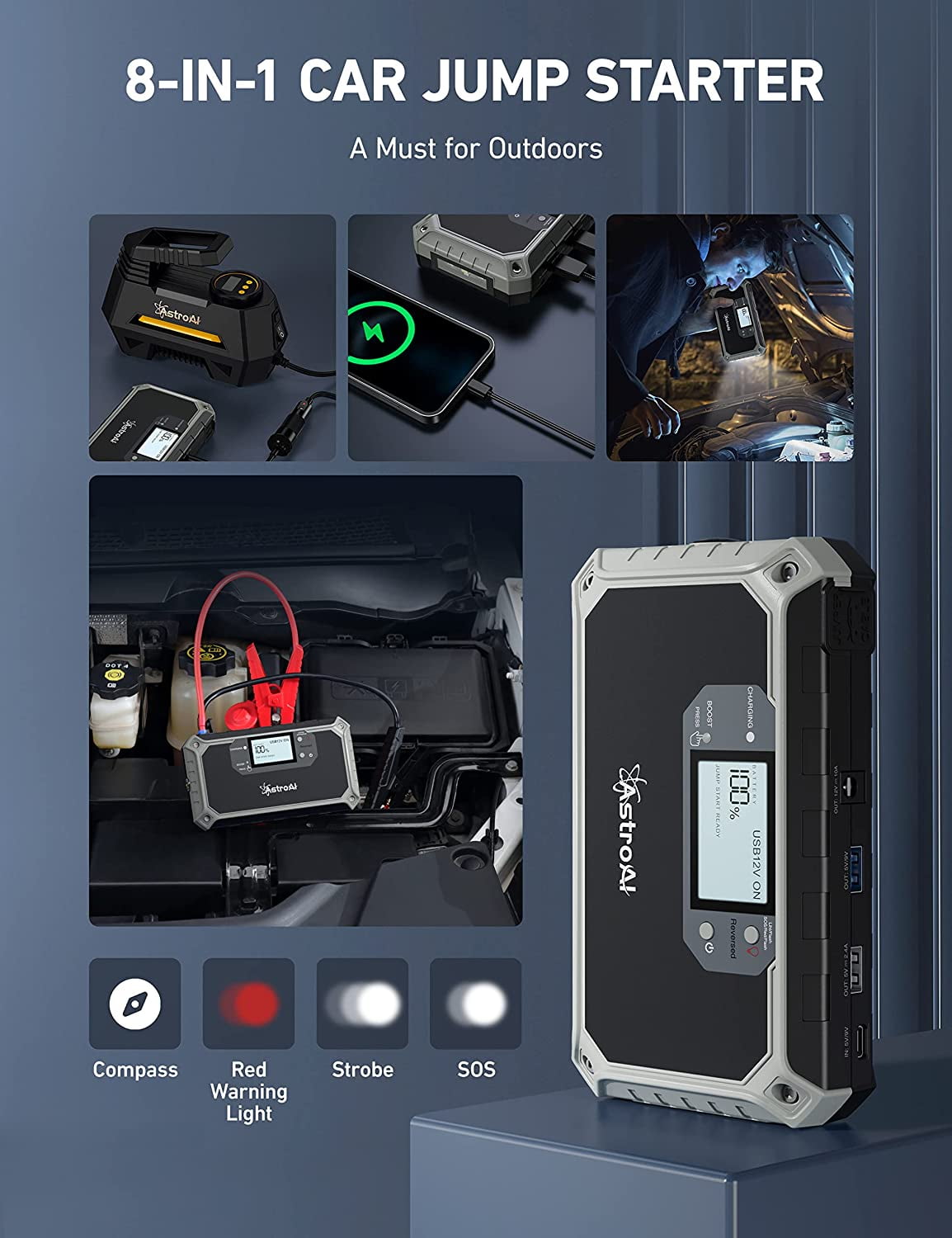 Jump Starter, Car Portable Battery Lithium Jump Starter, Power Bank with Jumper Cable, Powerful 2000A 12V, for Gift
