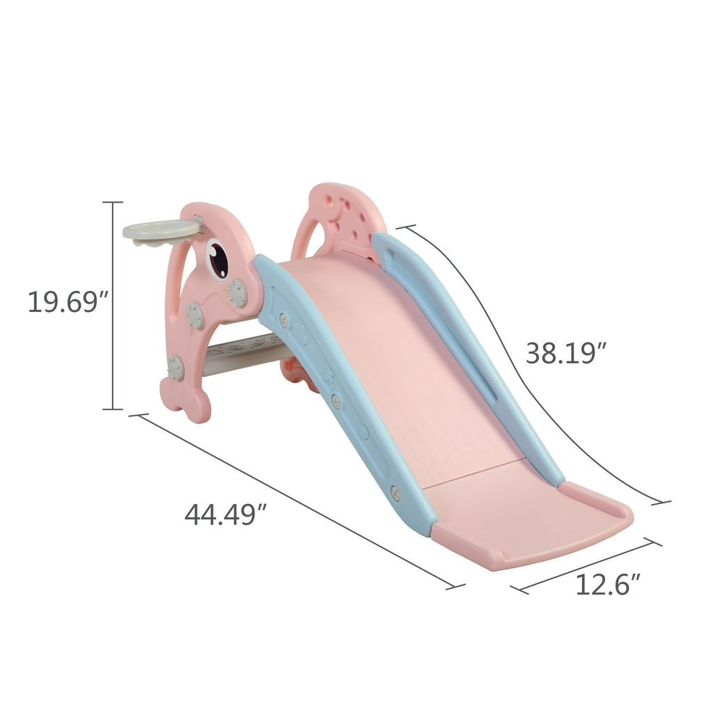 GERI 45 Inch Foldable Kid Toddler Slide Set, 2 IN 1 Slides with Basketball Hoop, Indoor Outdoor Children Playground Toy for 1-8 Year olds, Pink