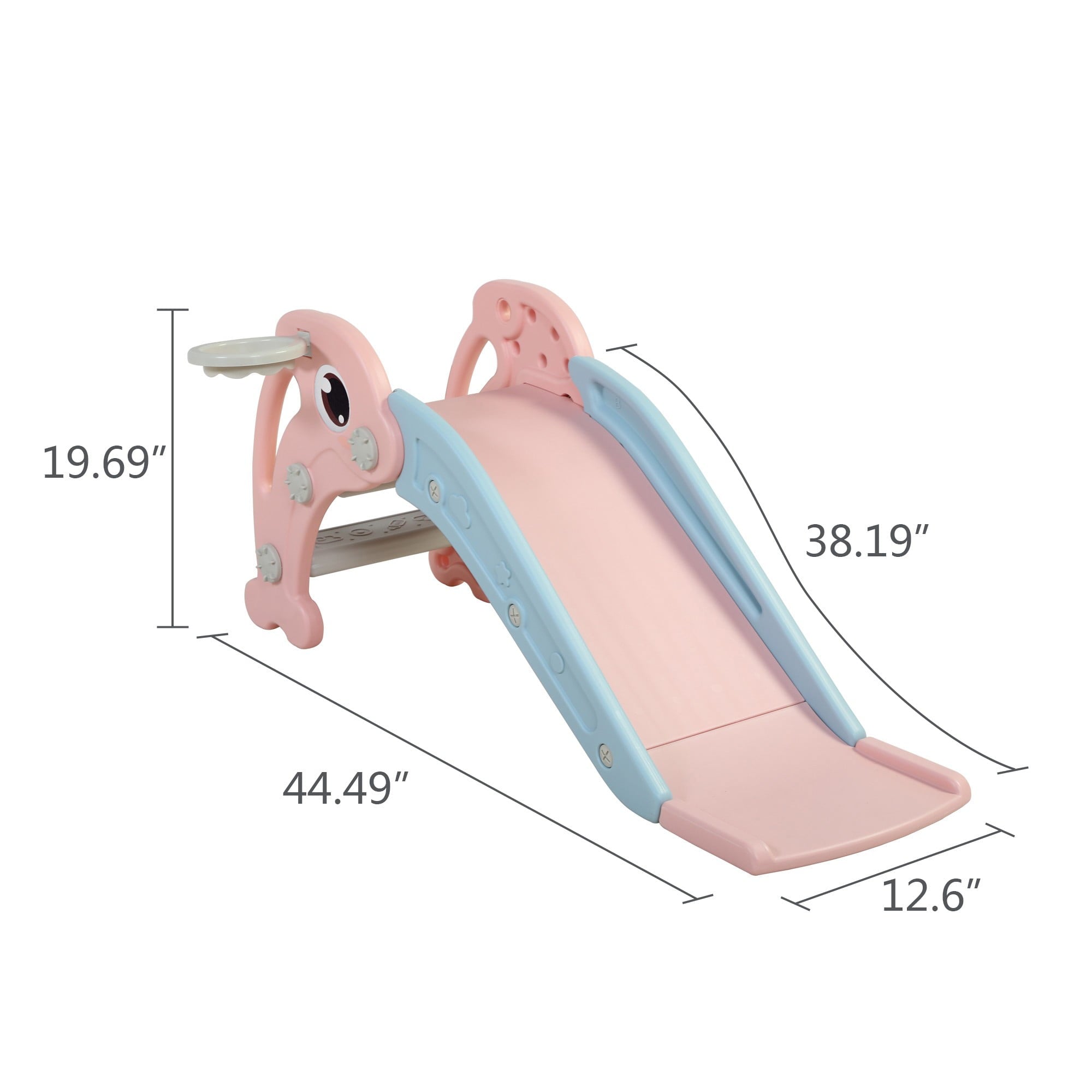 GERI 45 Inch Foldable Kid Toddler Slide Set, 2 IN 1 Slides with Basketball Hoop, Indoor Outdoor Children Playground Toy for 1-8 Year olds, Pink