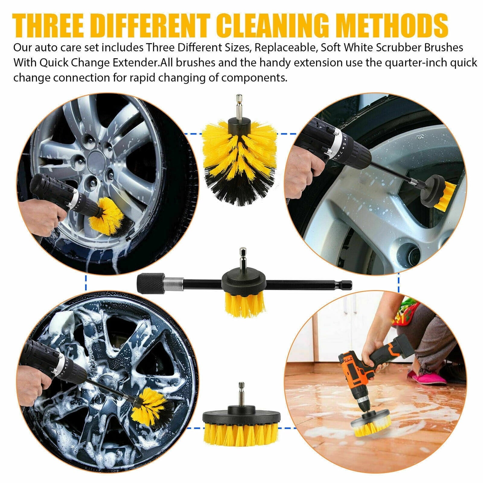 Gecheer 4Pcs Detailing Drill Brush Kit Car Wash Brush Hard Bristle Drill Auto Scrubber Detailing Cleaning Tool