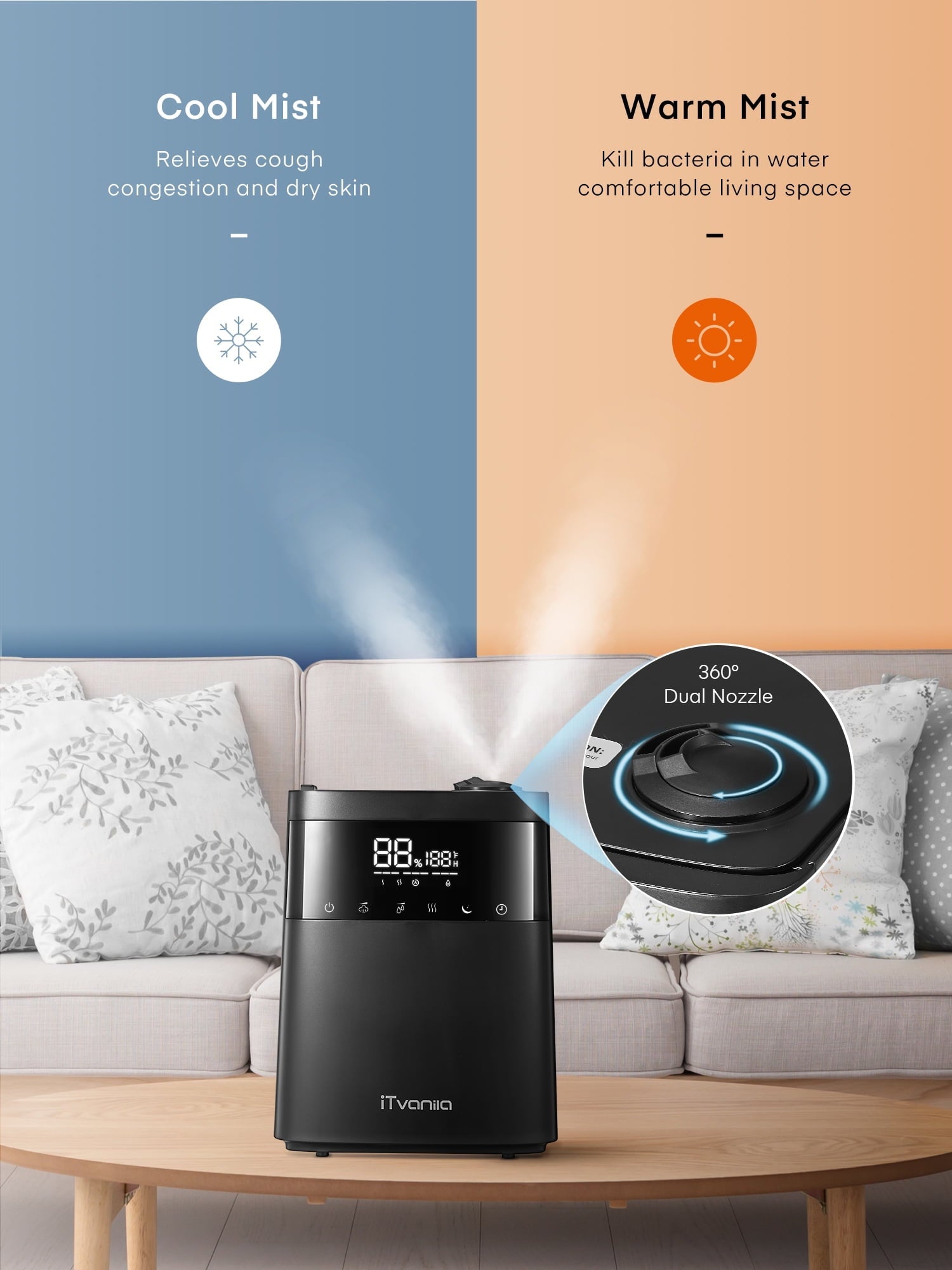 iTvanila Humidifiers, 5.5L Warm and Cool Mist Humidifier for Bedroom with Customized Humidity, Essential Tray, Sleep Mode, and 12H Timer, for Living Room, Office and Baby Room (Black)