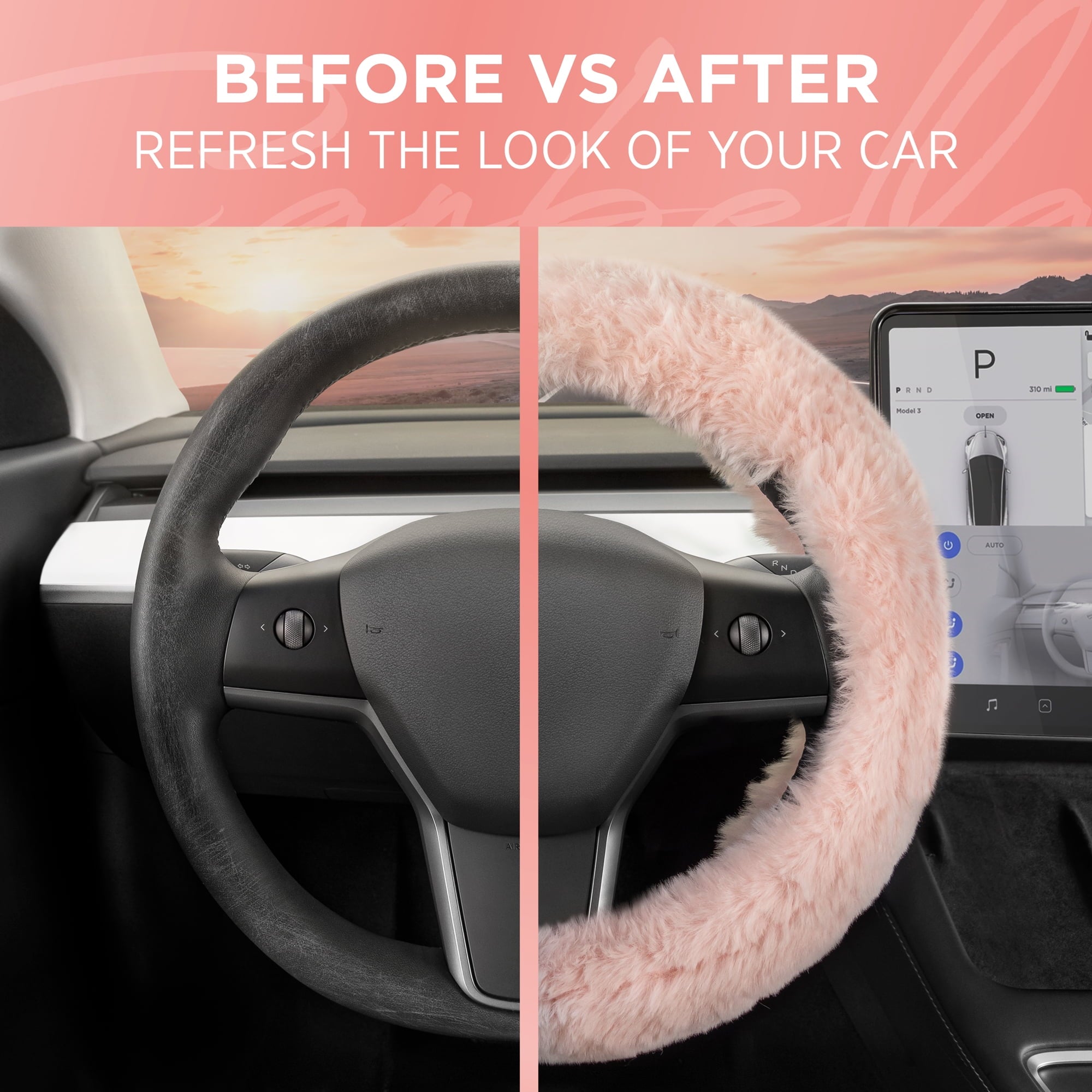Carbella Soft Pink Faux Fur Steering Wheel Cover for Women, Standard 15 Inch Size Fits Cars Trucks SUV