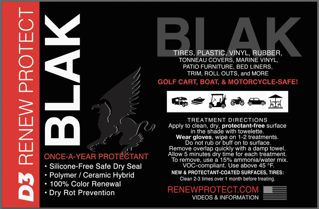BLAK – Motorcycle, Golf Cart, RV Safe - Trim, Tire Shine & Preservation Treatment, OEM Restorer - Fading Plastic, Cracking Vinyl, Tire Dry Rot. Dry-Seal Ceramic Coating Protectant - Semipermanent