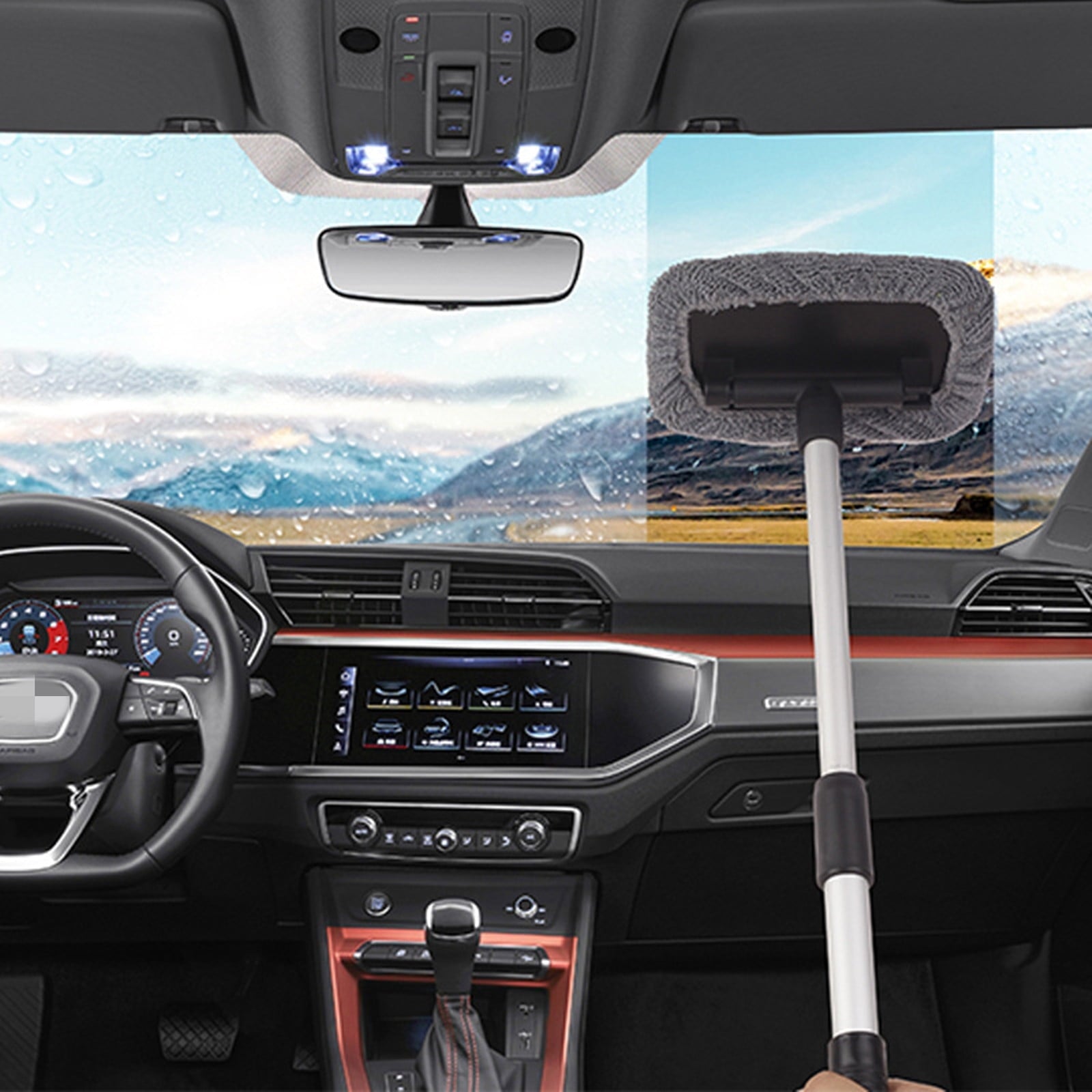 Vikakiooze Car Window Cleaner, Microfiber Car Windshield Cleaning Tool with Extendable Handle and Washable Reusable Cloth Pad Head Auto Interior Exterior Glass Wiper Kits,Promotion On sale