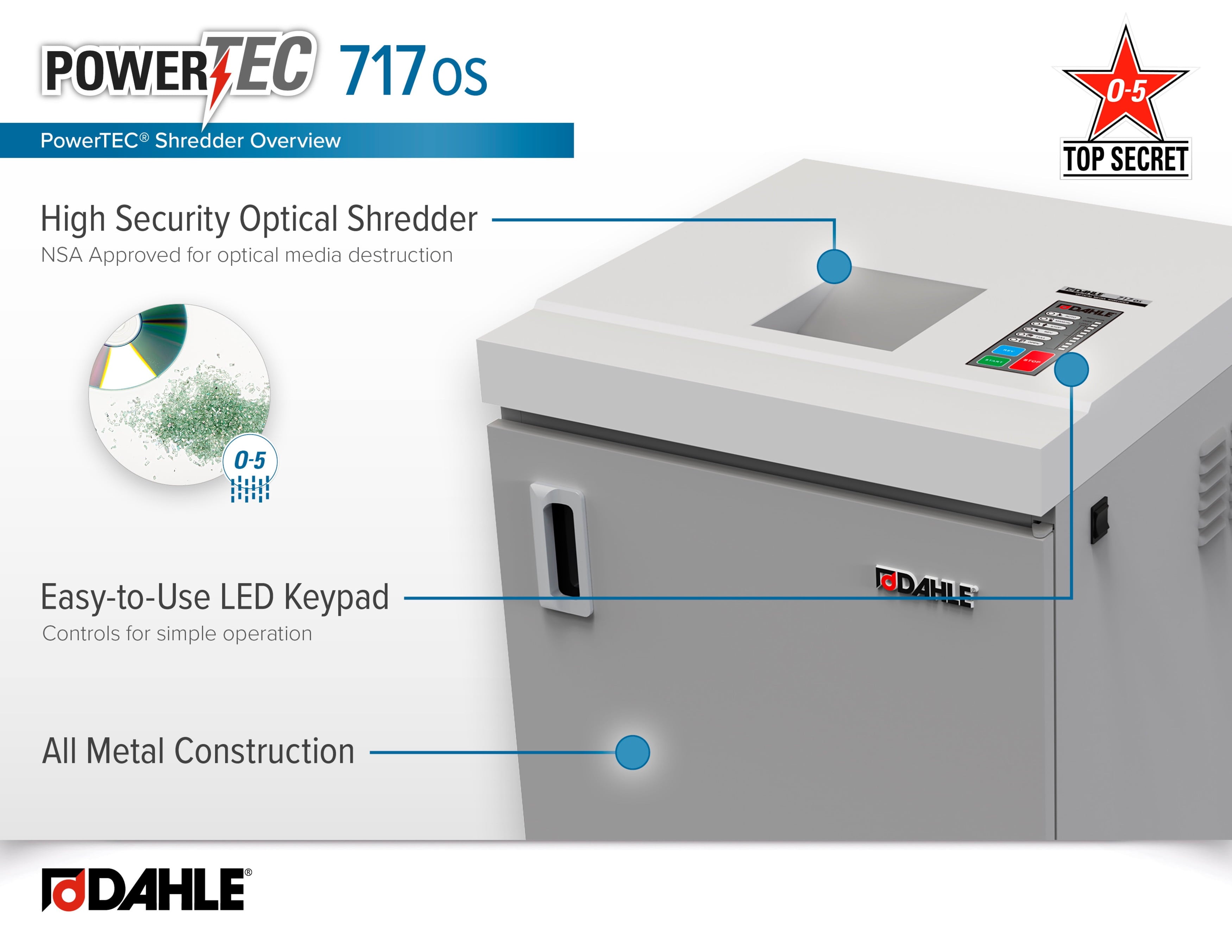 Dahle PowerTEC 717 OS Optical Media Shredder for Top-Secret CDs/DVDs, Auto Oiler, Level O-5