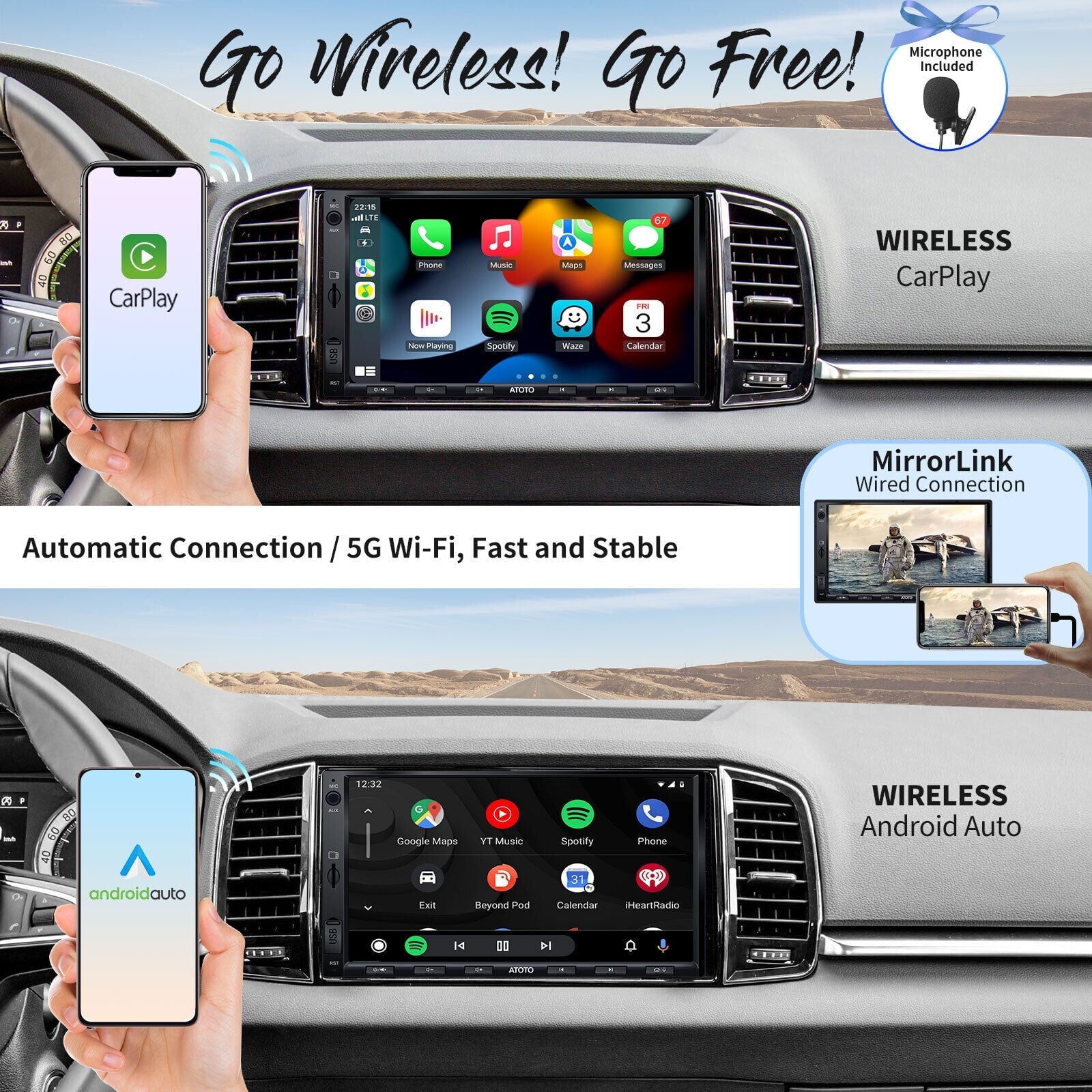 ATOTO F7XE 7inch QLED Double Din Car Stereo with Bluetooth,Wireless Carplay&Android Auto Car Radio with SiriusXM,Quick Charge