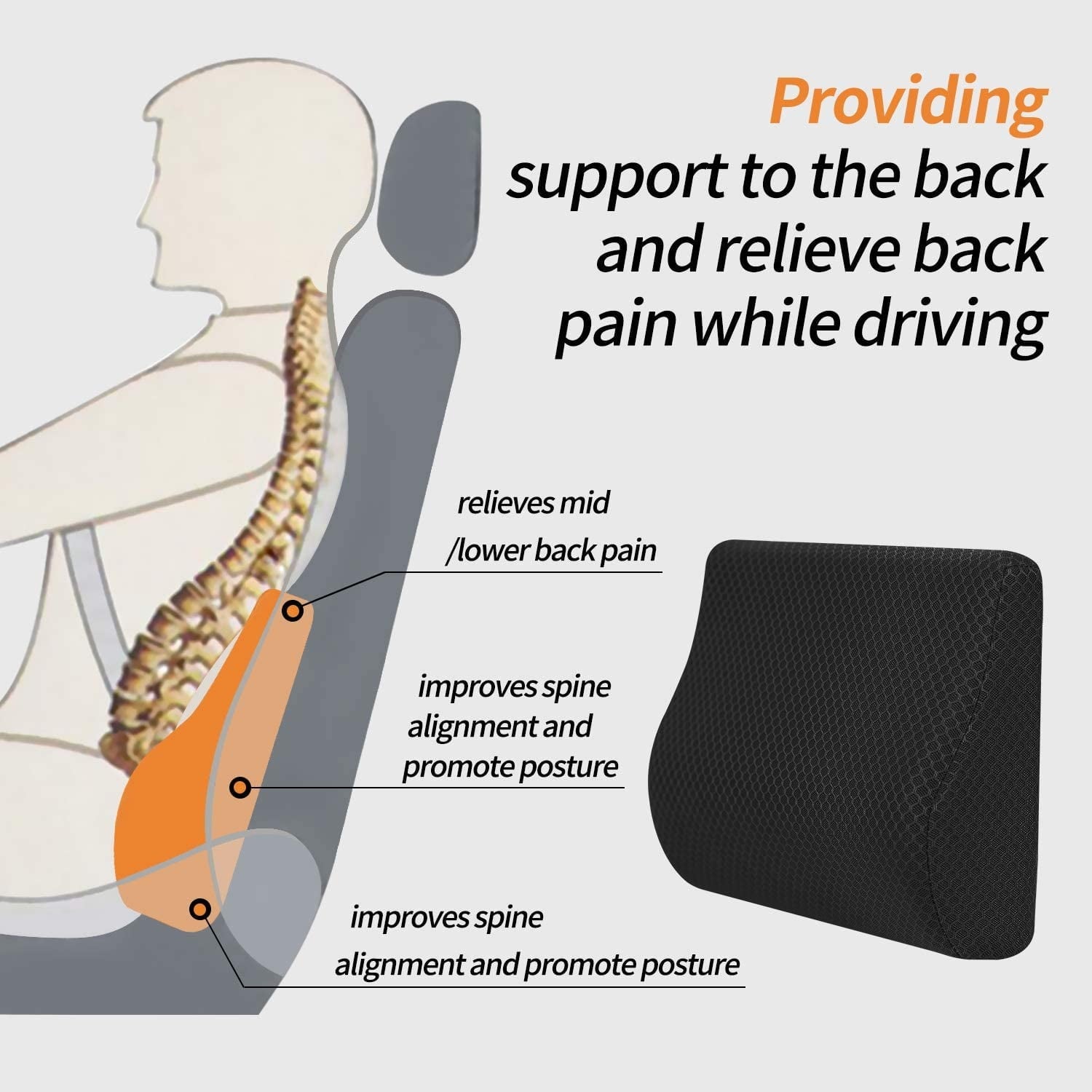 TISHIJIE Memory Foam Lumbar Support Pillow for Car - Mid/Lower Back Support Cushion - for Car Seat, Office Chair, Recliner Etc.