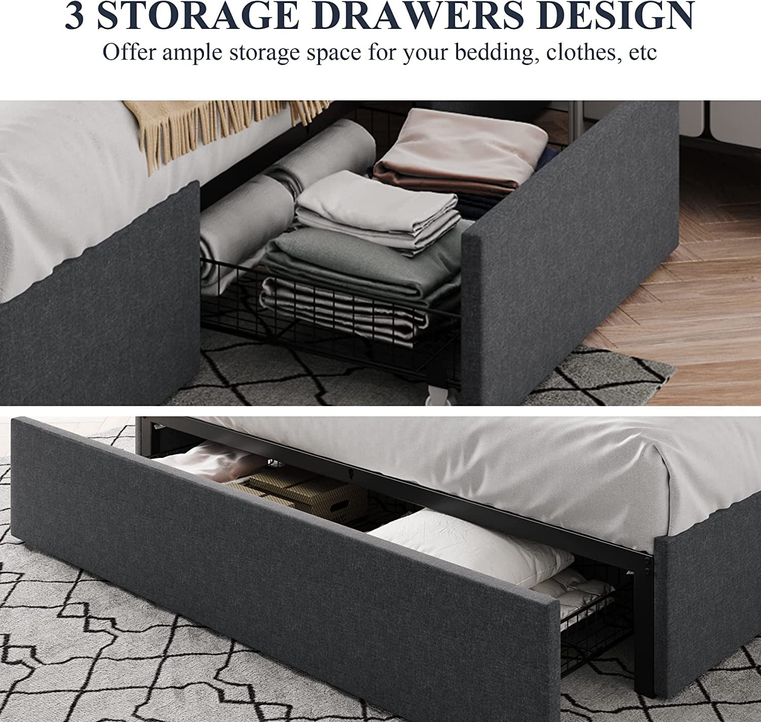 Allewie Queen Size Platform Bed Frame with 3 Storage Drawers, Fabric Upholstered, Dark Grey