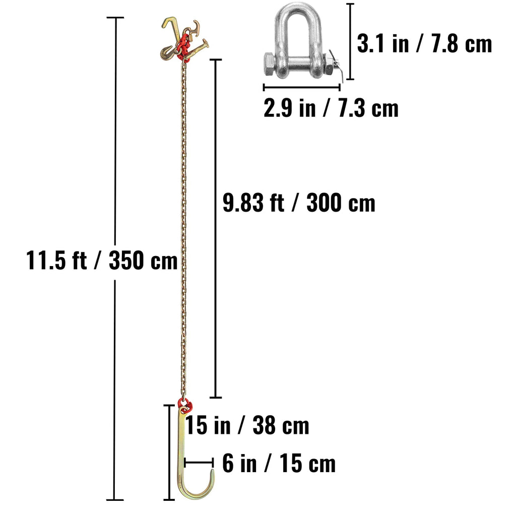 BENTISM 5/16"x10' Long Shank J Hook Tow Chain w/ 15" Large J Hooks & RTJ Hooks X2