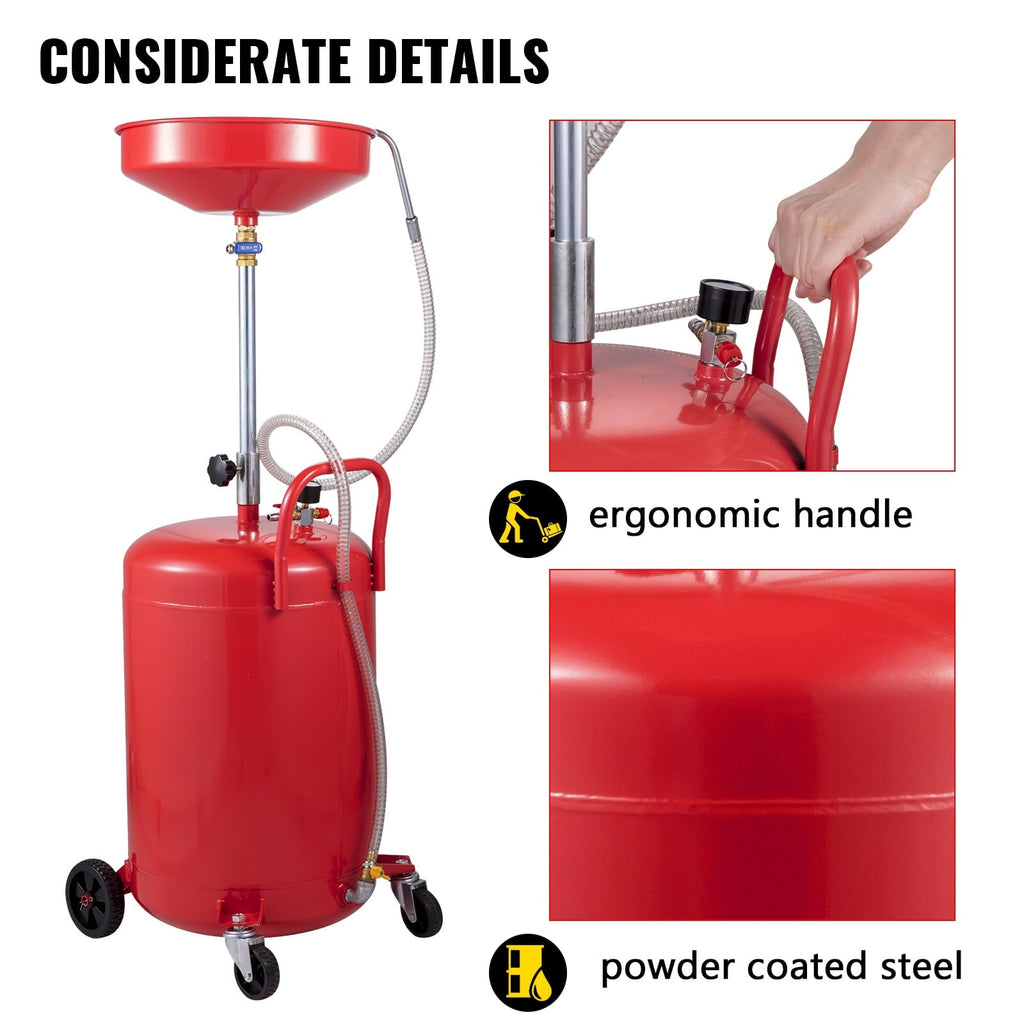 VEVOR Waste Oil Drain Tank 20 Gallons Portable Air Operated Drainer, Container, Fluid Fuel Transfer Drainage, Adjustable Funnel Height, with Wheel