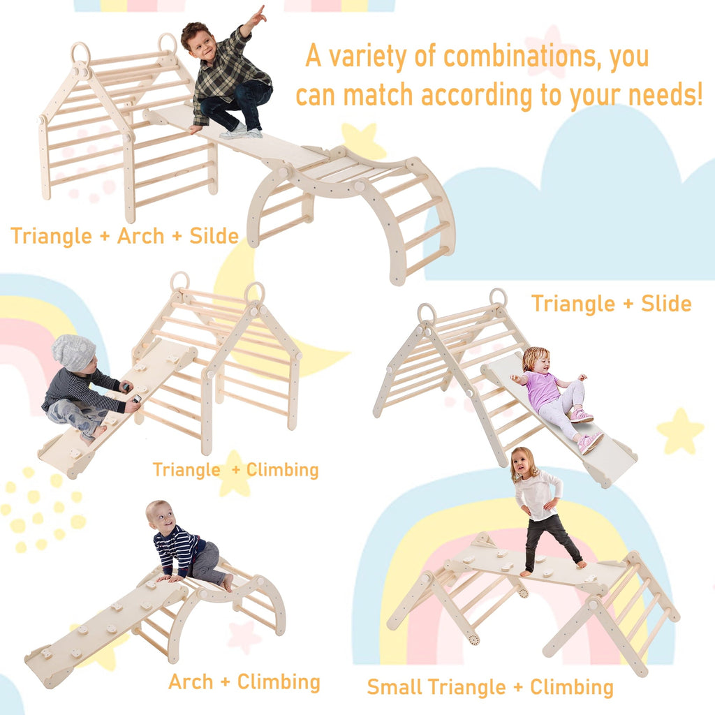 Toddler Climbing Toys Indoor,Pikler Triangle Set with Arch and Ramp, Foldable Wooden Montessori Climbing, Wood Play Gym, Toddler Gym for 2-6 Years