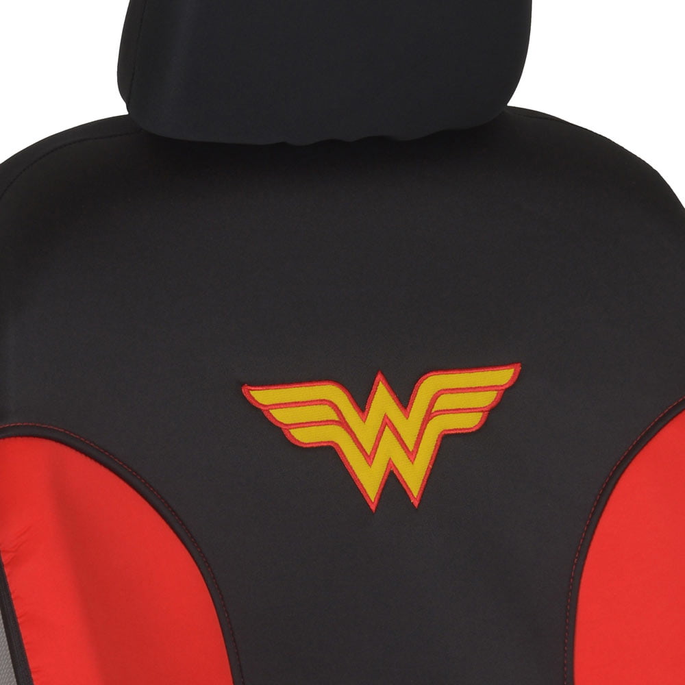 Wonder Woman Auto Accessories Combo Pack - Waterproof Seat Covers, Synth Leather Steering Wheel Cover & 4 Piece Car Floor Mats for Car SUV Van Truck