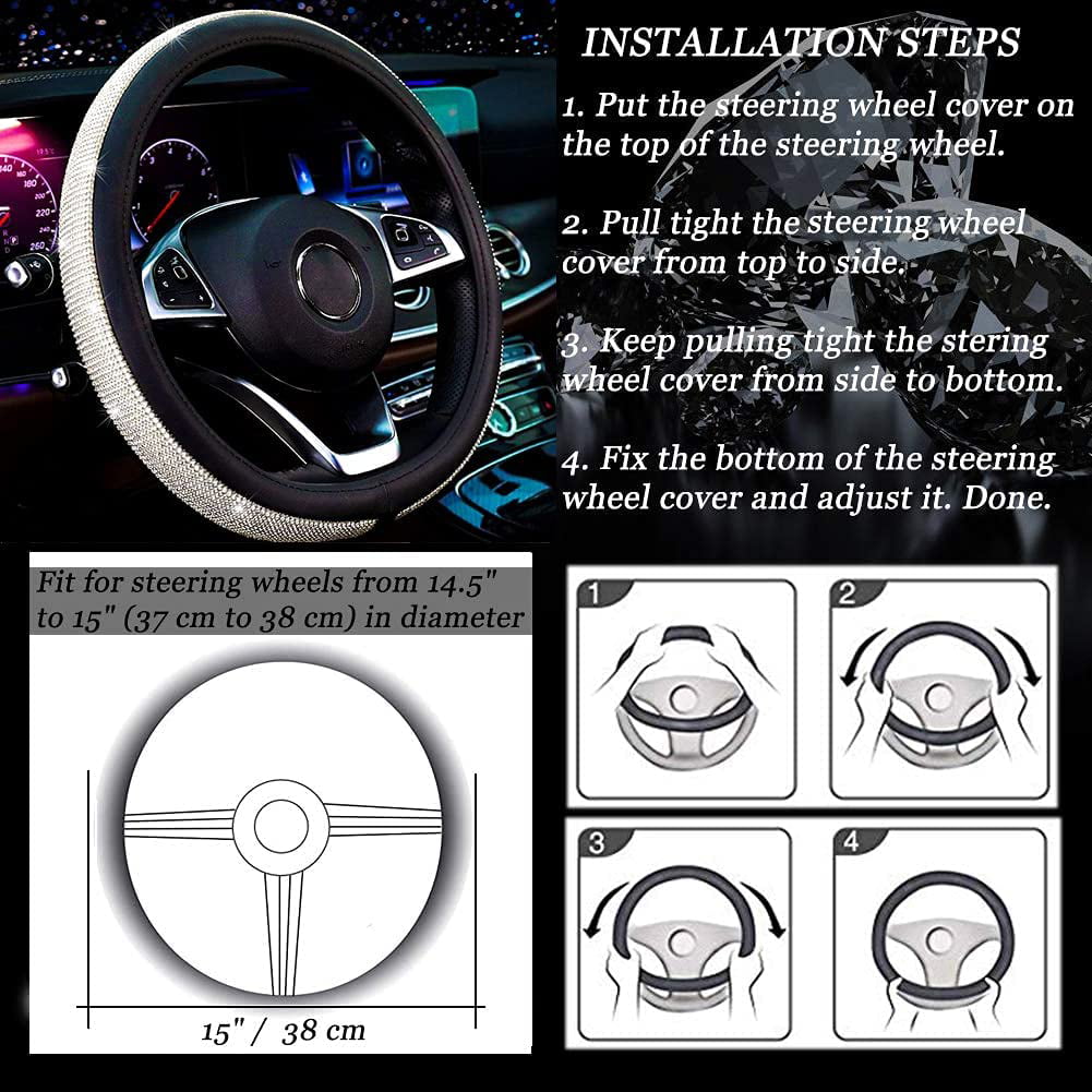 Diamond Leather Steering Wheel Cover Bling Bling Crystal Rhinestones, Universal Fit 15 Inch Car Wheel Protector for Women Girls