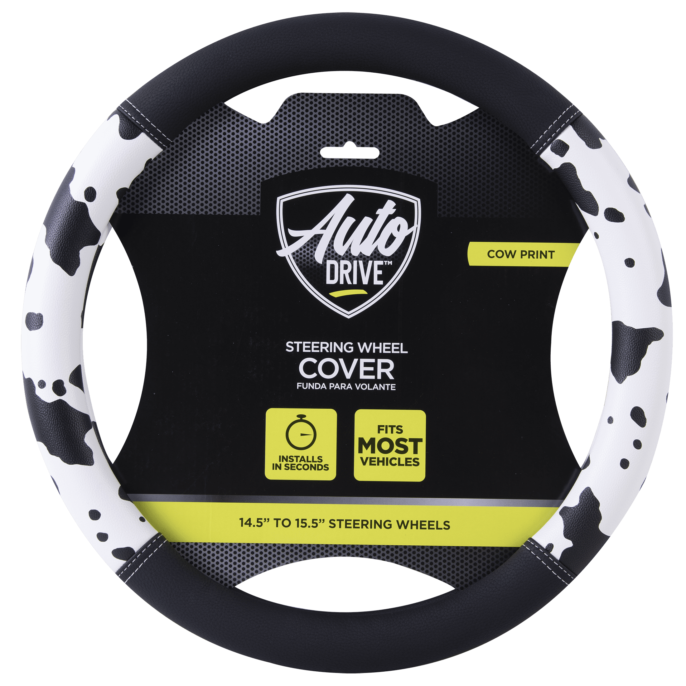 Auto Drive Black  White Cow Print Faux Leather Steering Wheel Cover, Universal Fit for Sedans, SUVs