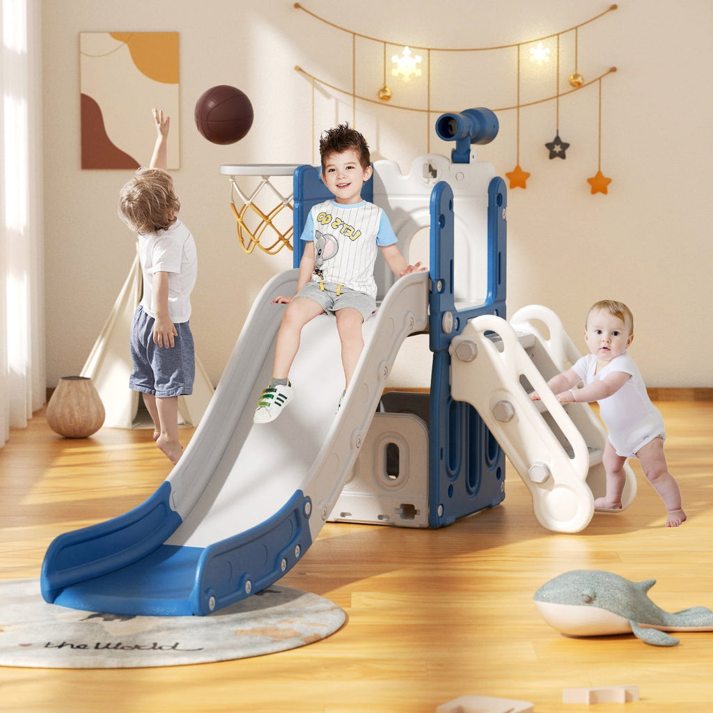 XJD Toddler Slide with Climber, 5-in-1 Kid Indoor Playground Freestanding Playset, Outdoor Slide Toddlers Climber and Slide Set with Basketball Hoop and Climber for Kids Age 1+, Blue