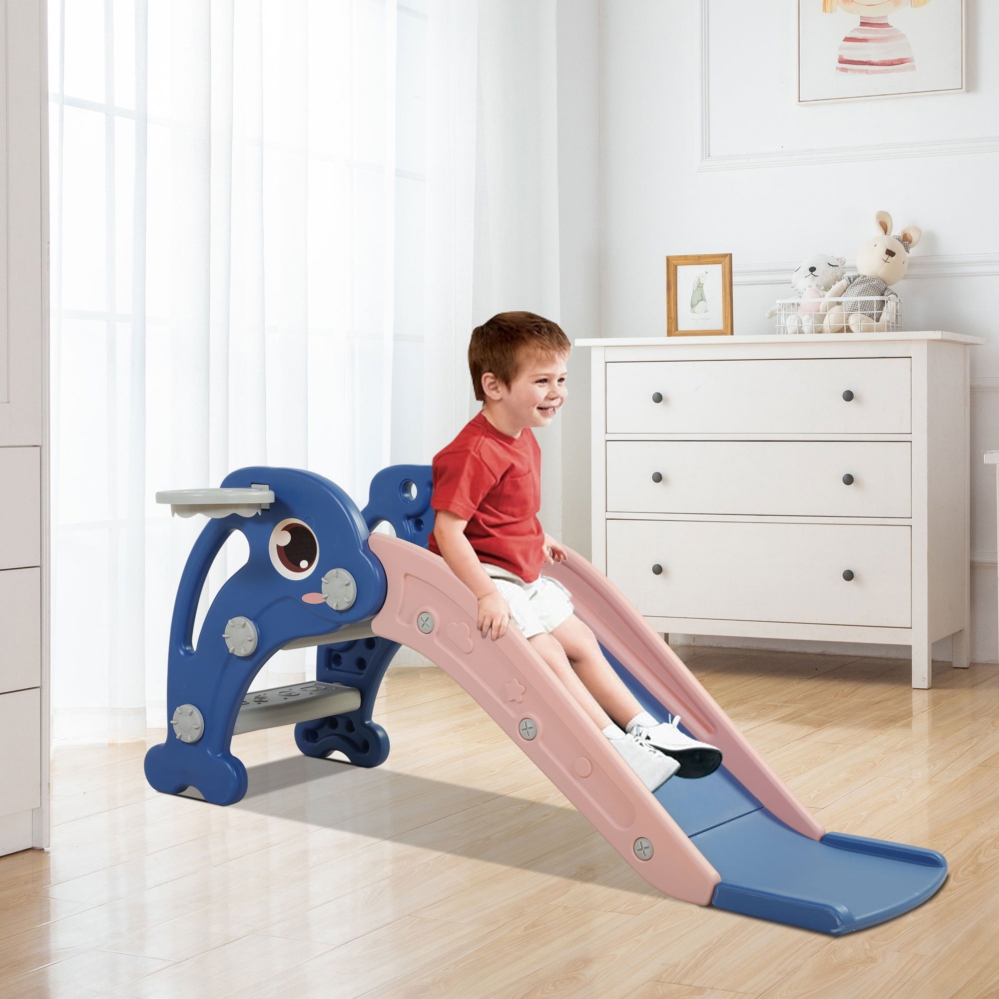 Joinfun 2 in 1 Slide,Toddler Freestanding Extra Long Slide with Basketball Hoop & Ball, Indoor Outdoor, Blue