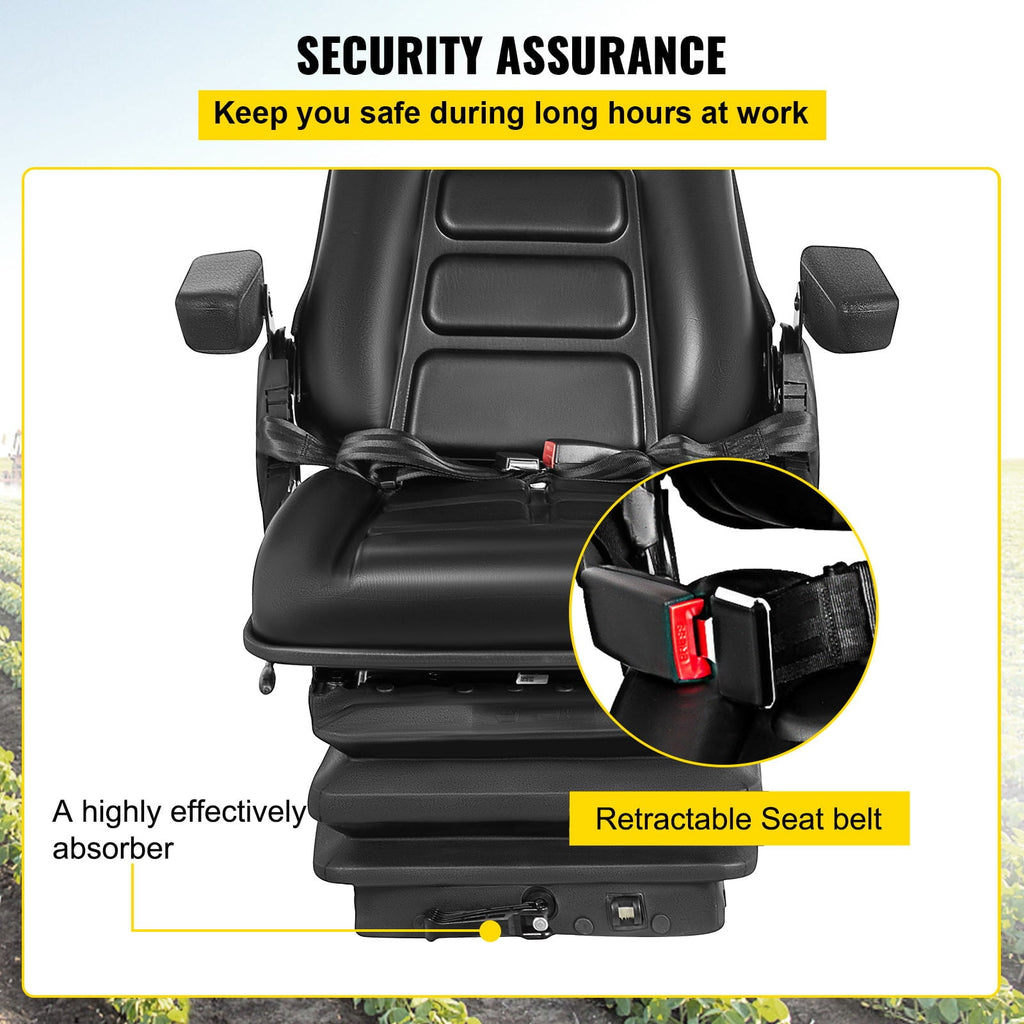 VEVOR Suspension Seat With Safety Switch Adjustable Forklift Seat Replacement Back Fork Lift Seats for Tractor & Forklift Suspension Tractor Seats and Backhoe Seat with Seat Belt