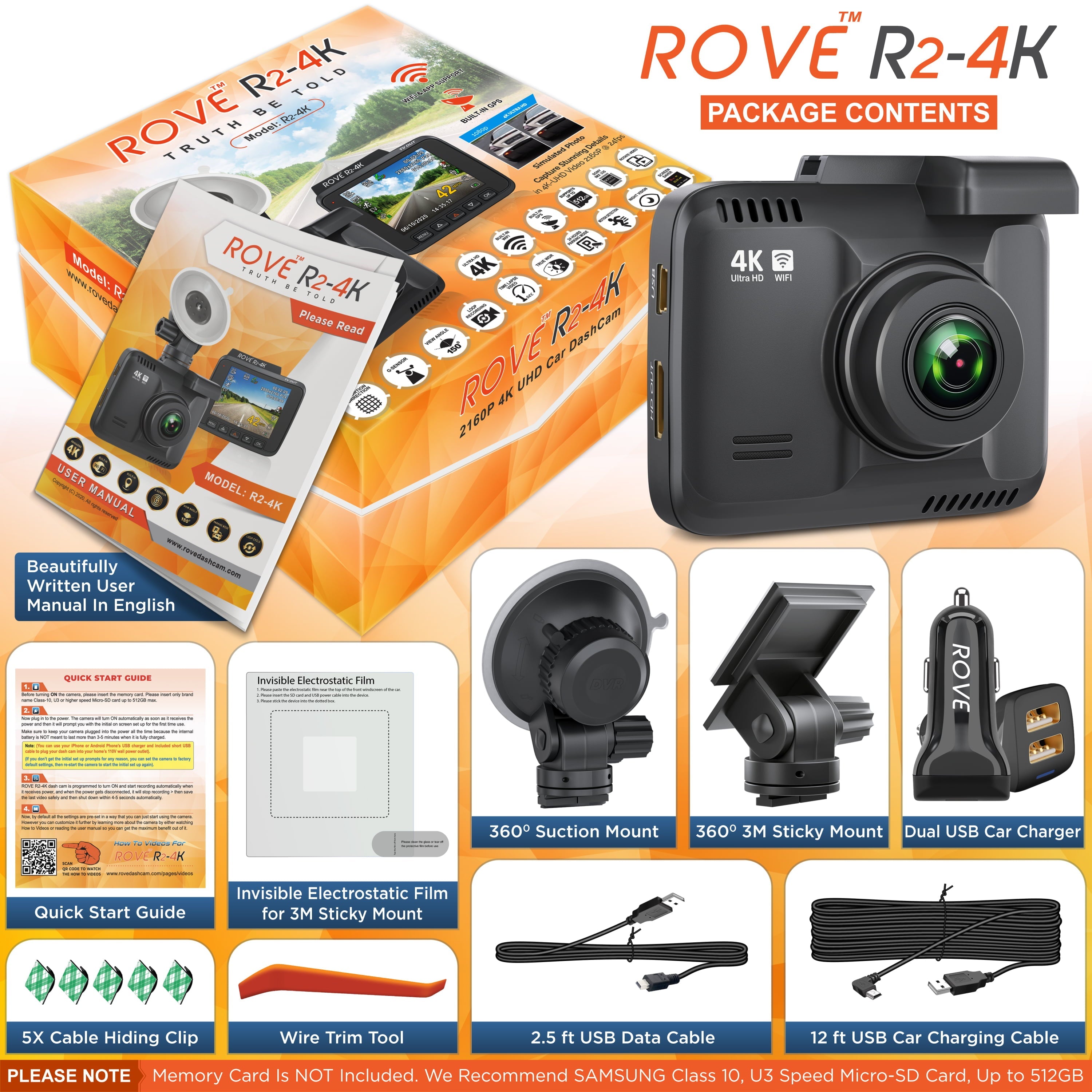 Rove R2-4K Dash Cam for Car - Built-in WiFi GPS Car Dashboard Camera Recorder with UHD 2160P, 2.4" LCD Display, 150° Wide Angle, WDR, Night Vision