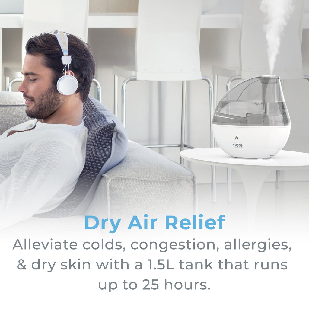 Pure Enrichment® MistAire™ Silver Ultrasonic Cool Mist Humidifier - Lasts Up to 25 Hours, Whisper-Quiet Overnight Operation, 360° Mist Nozzle, Easy-Fill Tank, & Auto Safety Shut-Off