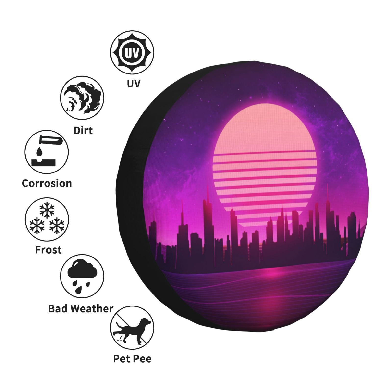 DouZhe Waterproof Spare Tire Cover, Cyberpunk City Night Landscape Prints Adjustable Wheel Covers Fit for Jeep Trailer RV SUV Car, 14 inch