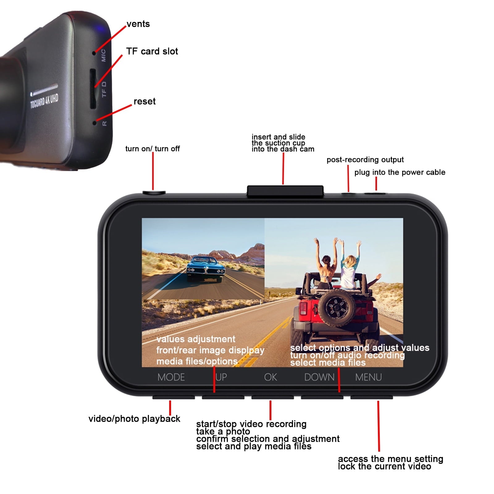 TOGUARD 4K Dual Dash Cam for Cars UHD 2160P+1080P Front and Rear Dash Camera, 3" Display Car Dashboard Camera Battery Drive Recorder  Parking Mode G-Sensor Support 256GB SD Card