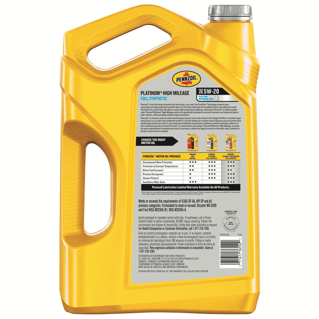 Pennzoil Platinum Full Synthetic High Mileage 5W-20 Motor Oil, 5 Quart