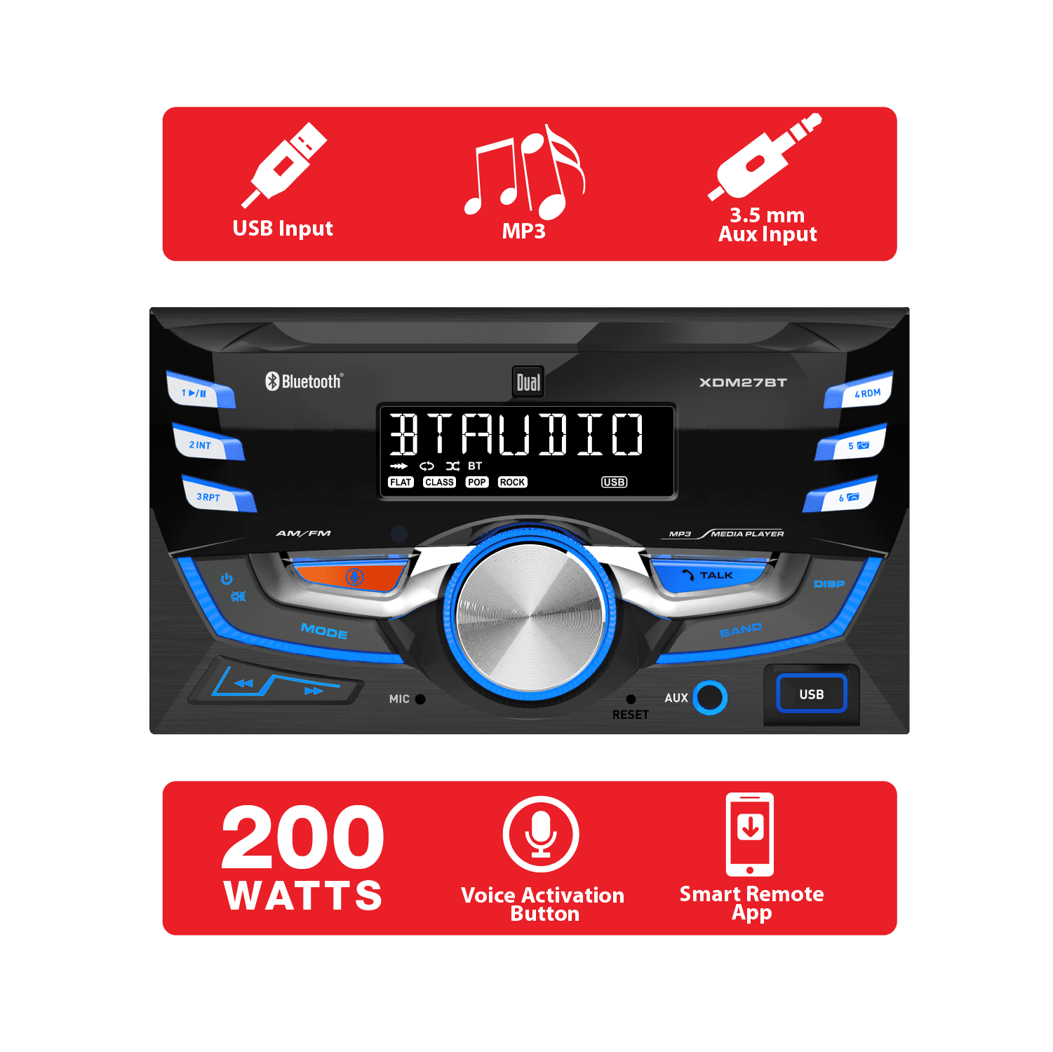 Dual Electronics XDM27BT 7-Character LCD Double Din Car Stereo Receiver with Bluetooth , USB , MP3 , Siri/Google Assist Button