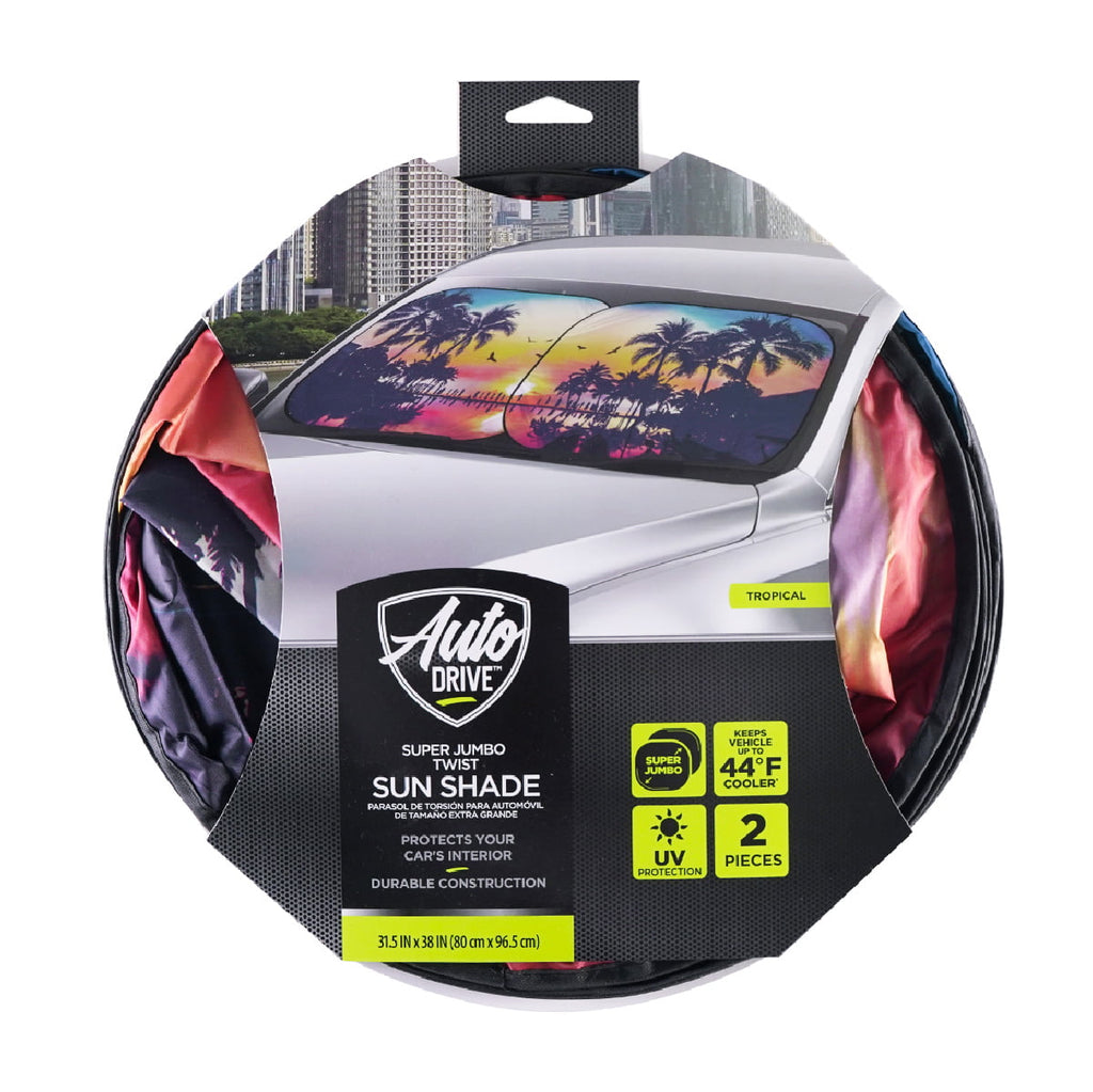 Auto Drive 2 Piece Universal Fit Most Vehicles' Windshield Super Jumbo Tropical Twist Sun Shade, 31.5" x 38"