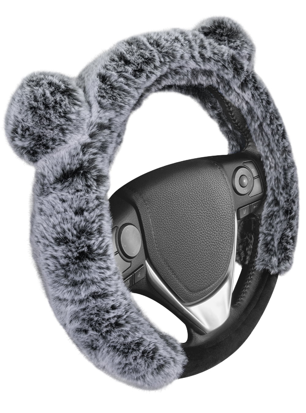 BDK Bear Fur Plush Steering Wheel Cover - Cute Faux Wool Protector Universal Size (Gray - With Ears)