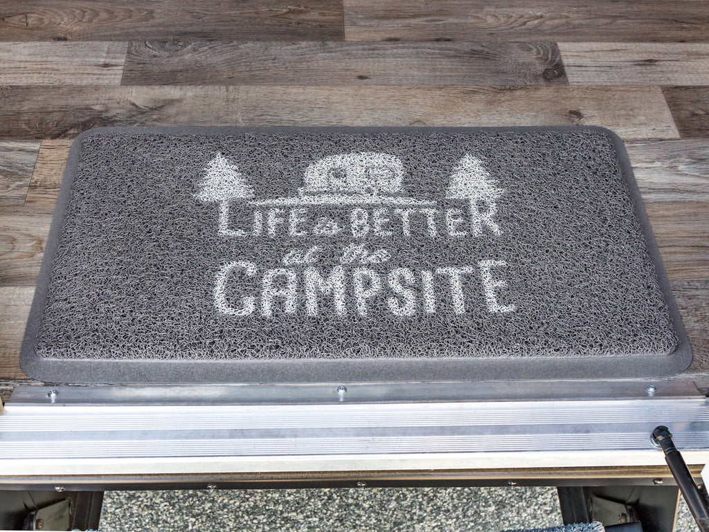 Camco Life is Better at The Campsite Camper/RV Scrub Rug/Door Mat | Looped PVC, Gray and White (53197)