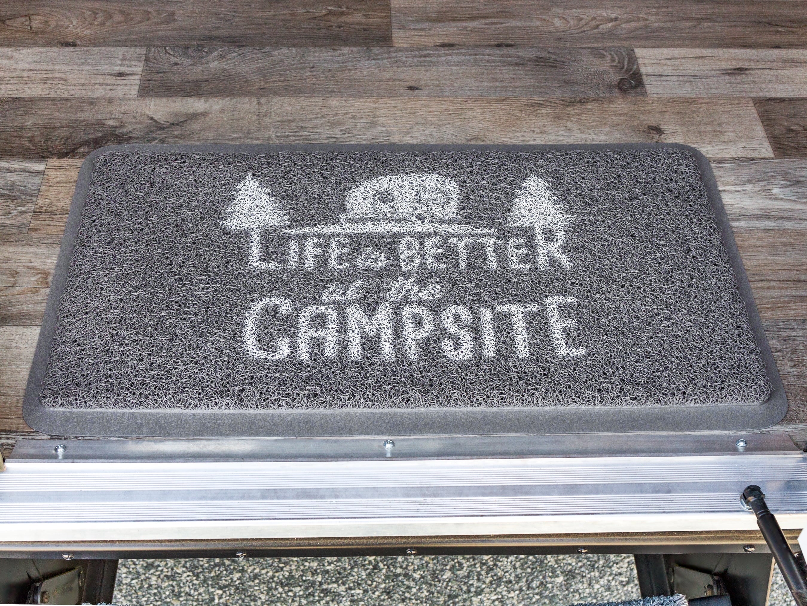 Camco Life is Better at The Campsite Camper/RV Scrub Rug/Door Mat | Looped PVC, Gray and White (53197)