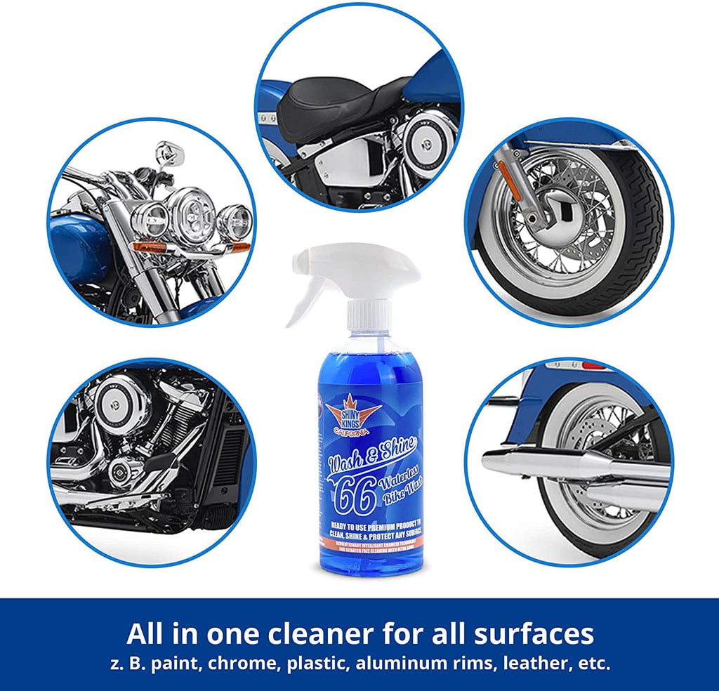 Shinykings Wash&Shine 66 WATERLESS Motorcycle cleaner as Cleaning Kit 16.9 fl.oz with Premium cleaning cloth