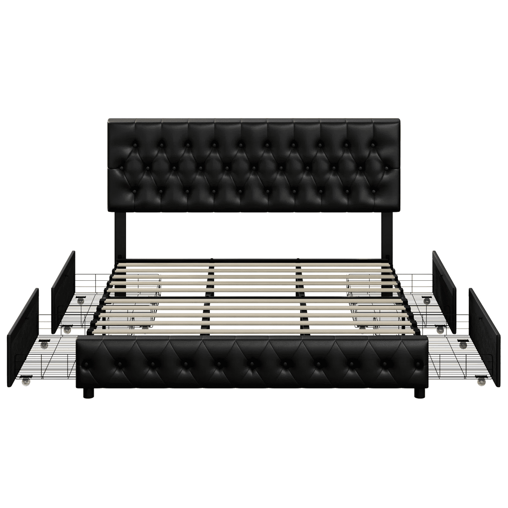 Homfa Faux Leather Storage Platform Bed Frame, King Black Bed Frame with 4 Drawers, Upholstered with Adjustable Headboard