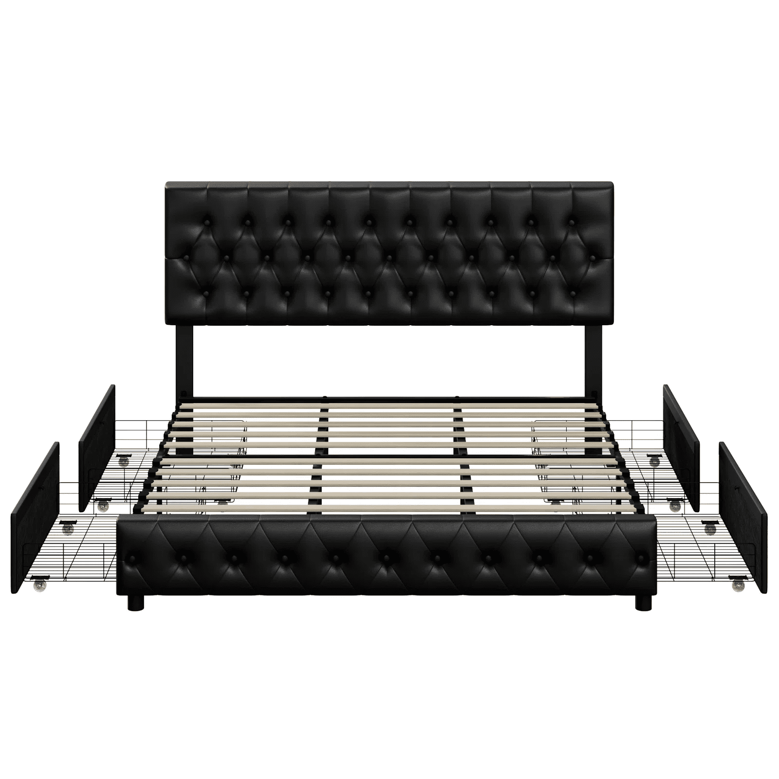 Homfa Faux Leather Storage Platform Bed Frame, King Black Bed Frame with 4 Drawers, Upholstered with Adjustable Headboard