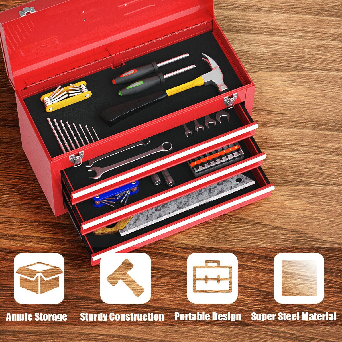 Costway Portable Tool Chest Box Storage Cabinet Garage Mechanic Organizer 3 Drawers Red