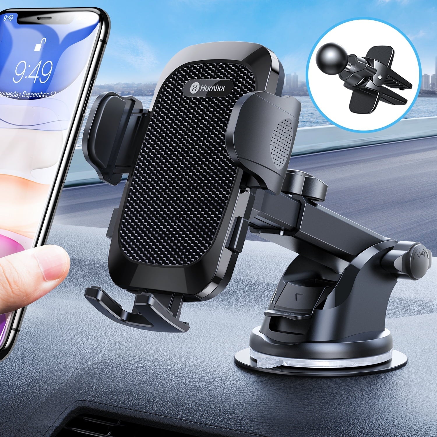 2023 Military-Grade Super Suction & Stable  Universal Car Phone Mount Humixx, Car Holder for Dashboard Air Vent Windshield, 360  Rotatable Long Arm Cell Phone Holder for All Mobile Phones