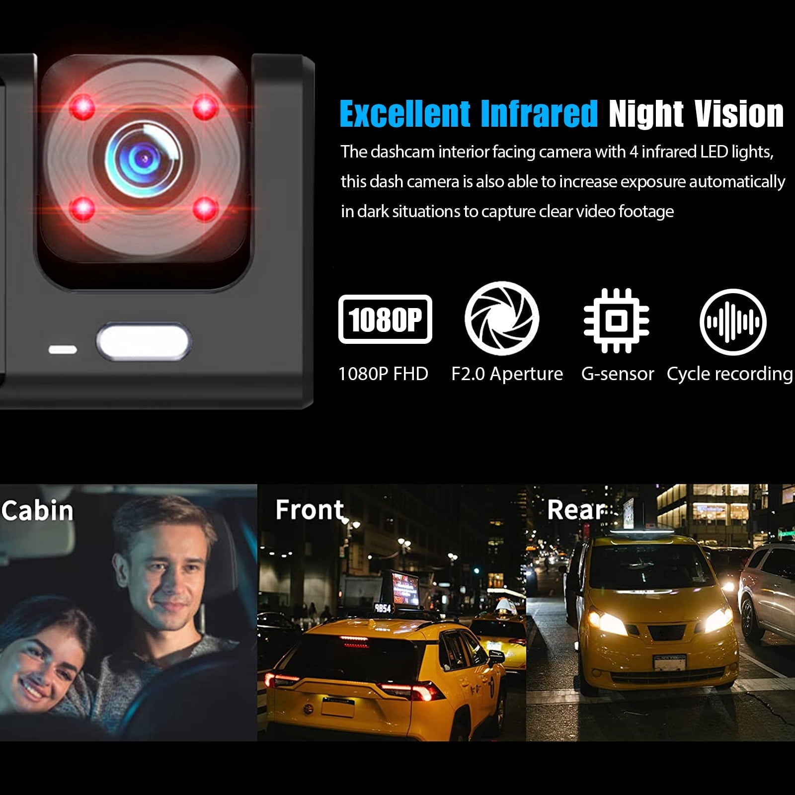 Dash Cam Front and Rear, TSV 3 Channel Dual Dash Camera, 1080P Car Camera DVR Backup Cam, 3 Way Triple Dashboard Driving Recorder, Inside IR Night Vision, G-Sensor, Parking Mode