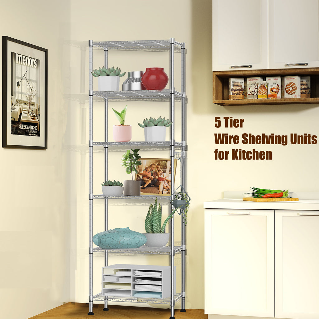6-Tier Wire Shelving Unit Storage Rack Metal Shelf Organizer with 6 Hooks for Kitchen Bathroom Garage Balcony 21.26" x 11.42" x 62.99"
