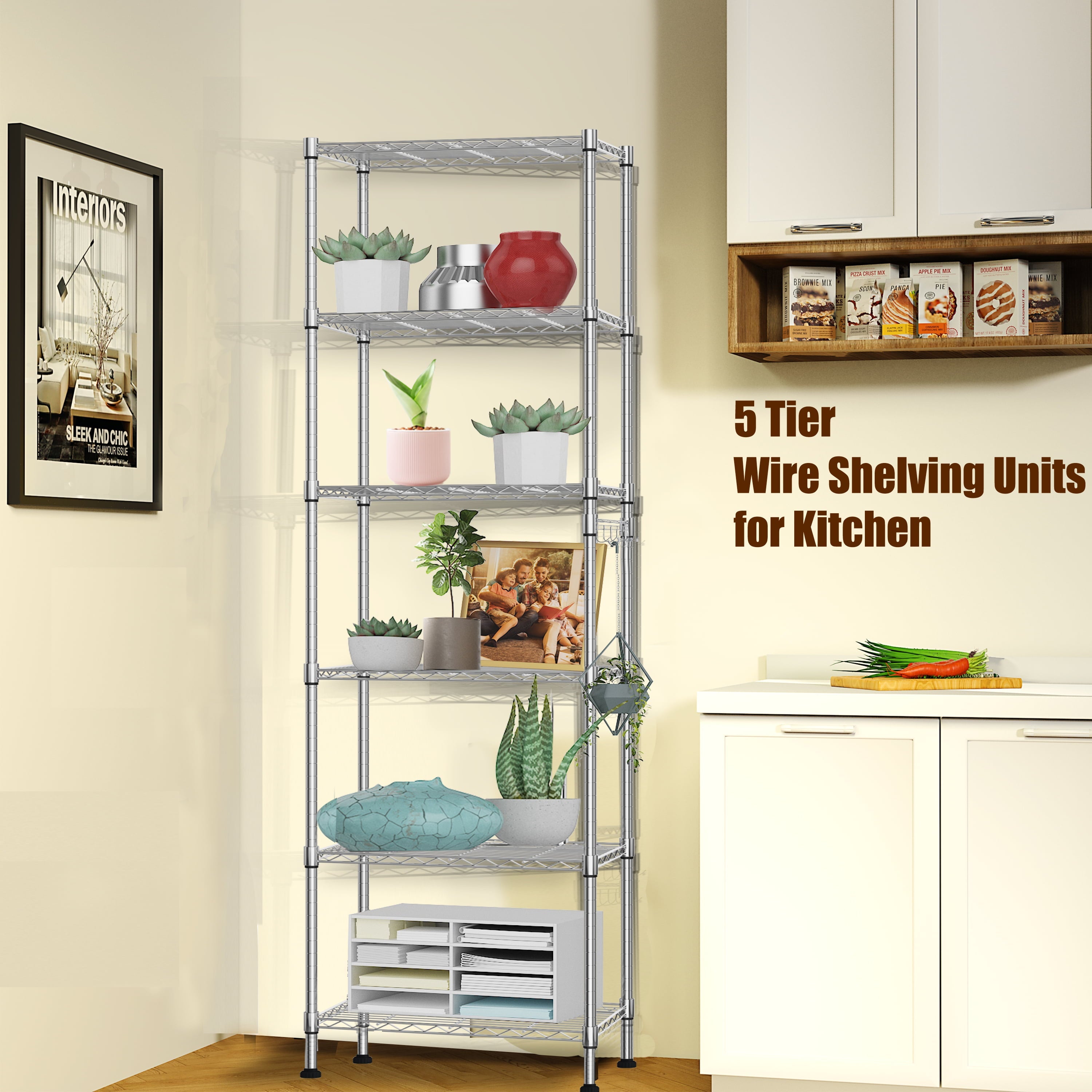 6-Tier Wire Shelving Unit Storage Rack Metal Shelf Organizer with 6 Hooks for Kitchen Bathroom Garage Balcony 21.26" x 11.42" x 62.99"