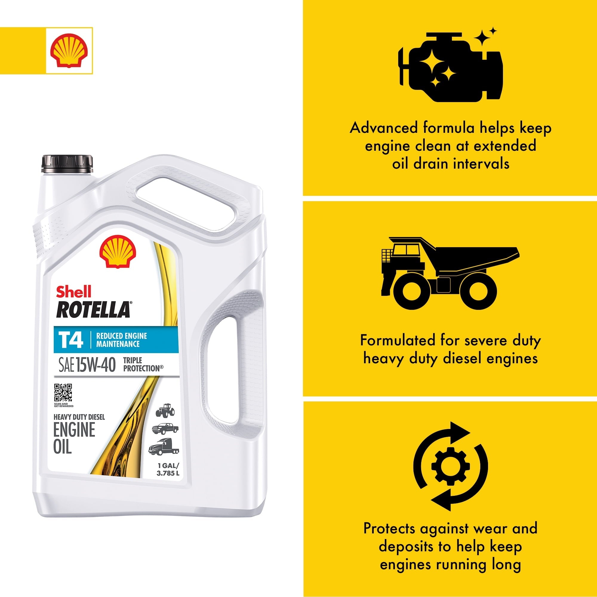 Shell Rotella T4 Triple Protection 15W-40 Diesel Motor Oil, 1 Gallon
