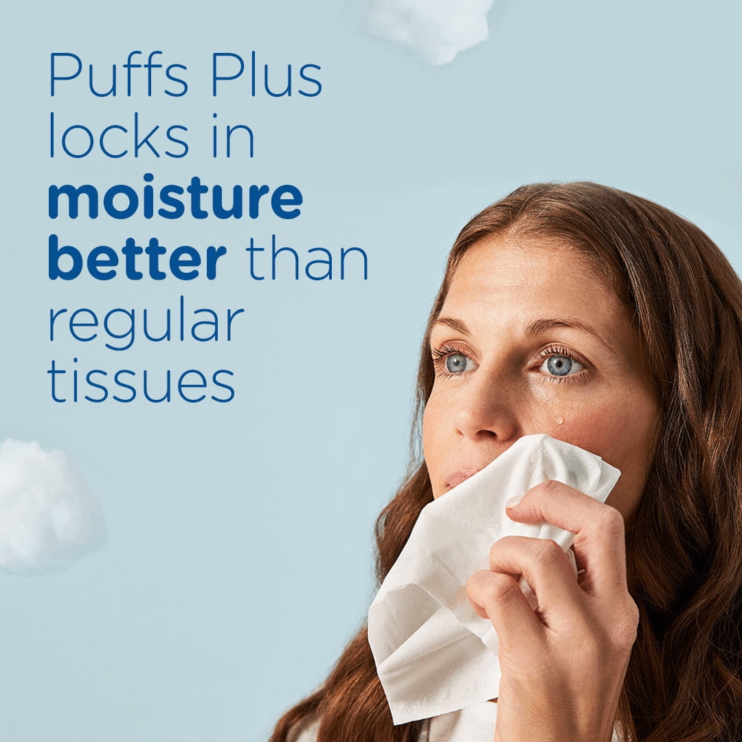 Puffs Plus Lotion Facial Tissues, 4 Family Box, 124 White Tissues per Box