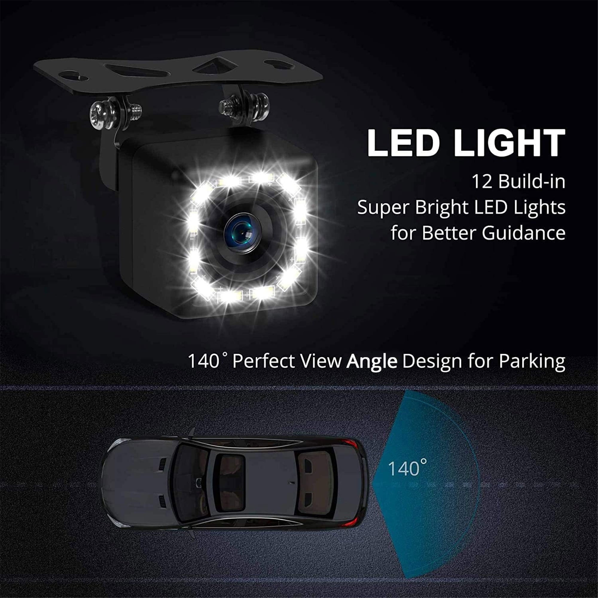Car Backup Camera, Rear View Camera Ultra HD 12 LED Night Vision, Waterproof Reverse Camera, 140° Wide View Angel with Multiple Mount Brackets for Universal Cars, SUV, Trucks, RV