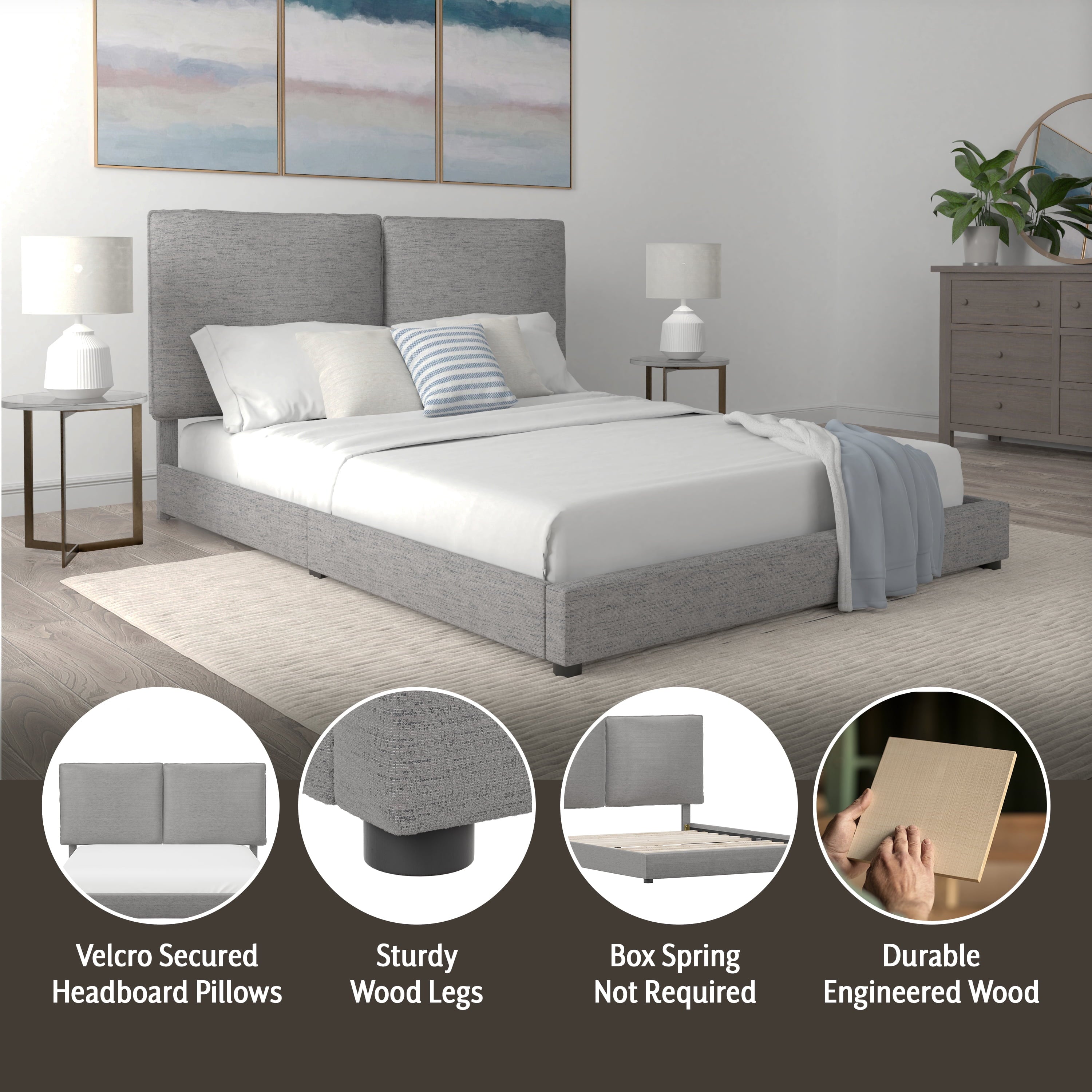 Hillsdale Arden Upholstered Pillow Queen Platform Bed, Nature Gray