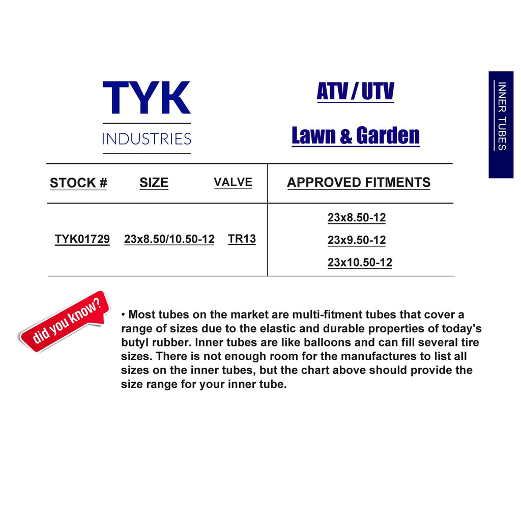 23x8.50-12 23x9.50-12 23x10.50-12 Lawn Mower Tractor Tire Inner Tube TR13 by TYK Industries