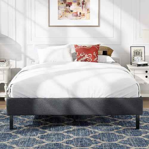 Allewie Queen Size Upholstered Platform Bed Frame, 24 Wooden Slats Support, No Box Spring Needed, Dark Grey