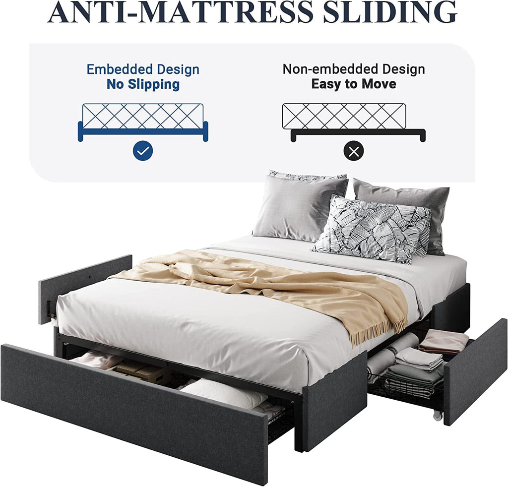 Allewie Queen Size Platform Bed Frame with 3 Storage Drawers, Fabric Upholstered, Dark Grey
