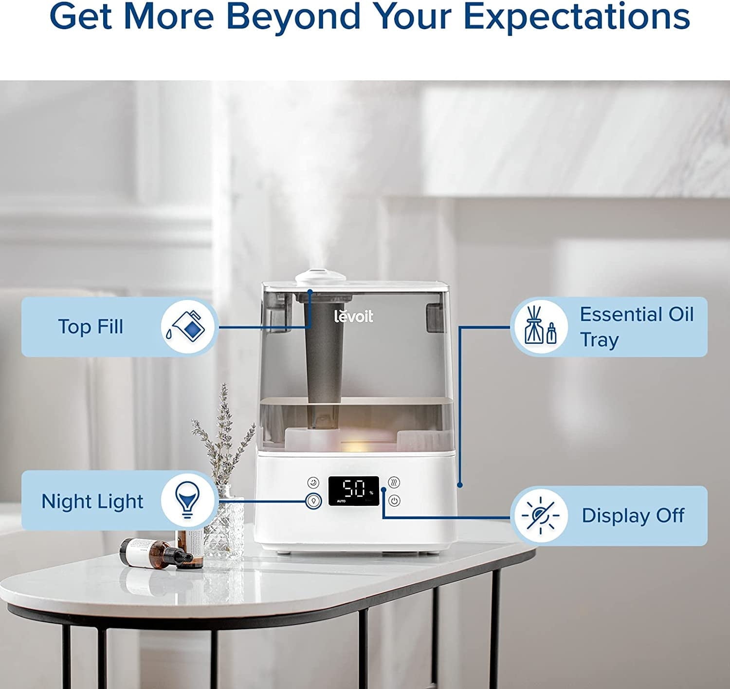 Levoit Cool Mist Humidifier for Room, Smart Top Fill with Nightlight, 6L,Gray