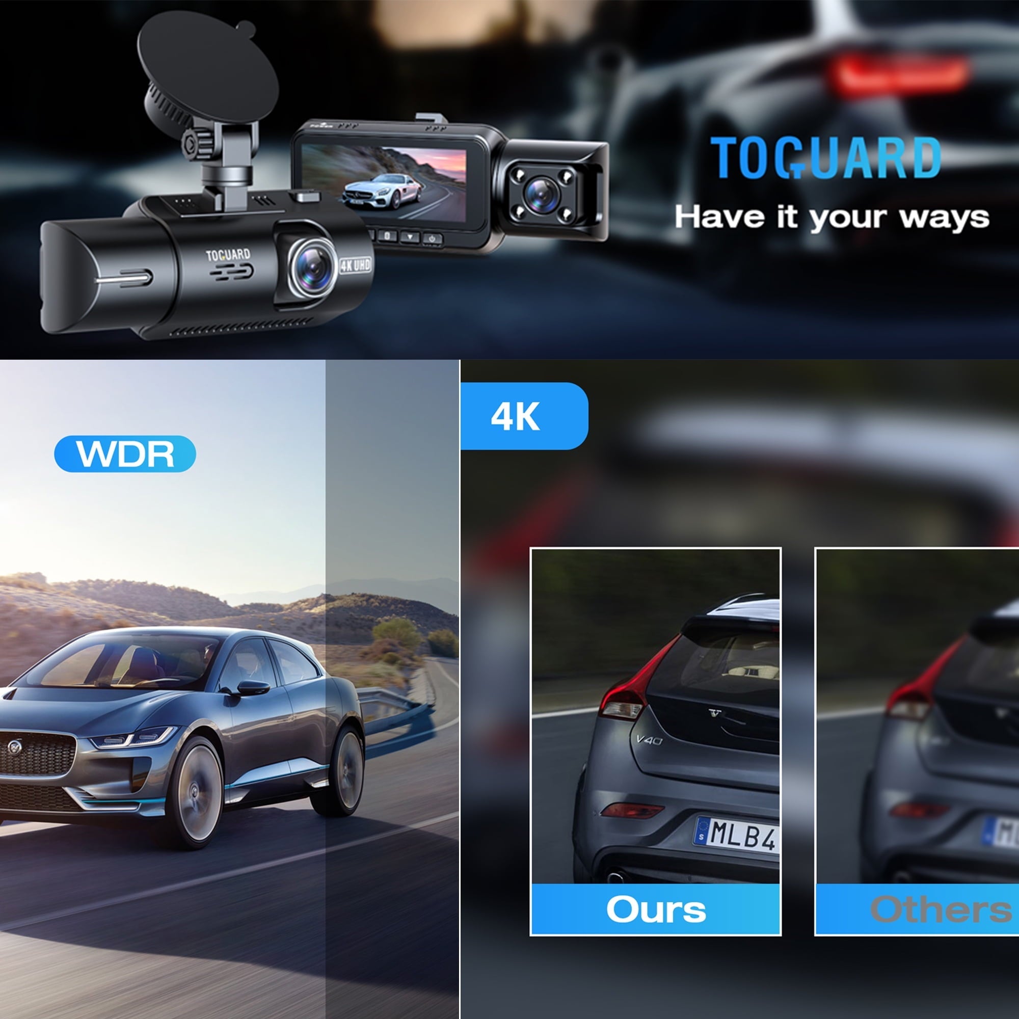 TOGUARD Front and Inside Dual Dash Camera 4K Car Dash Cam with WiFi and GPS 3.16" Display, 170° Wide Angle, IR Night Vision, Support 256GB Max, Black